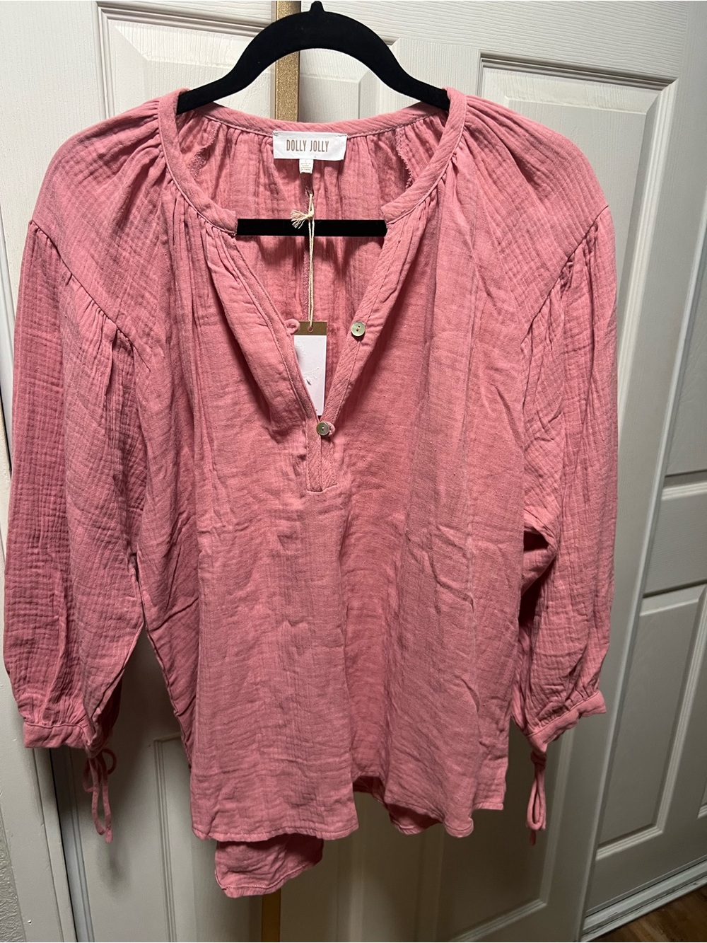 Relaxed Pink Gauze Peasant Blouse with Button Placket ITEM #27 - Picture 2 of 9